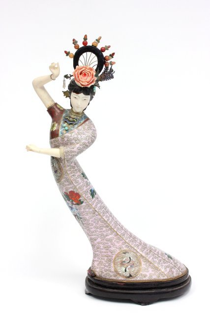 Circa 1930-1940's Chinese Cloisonne Figure: With bone arms, face and flowers. Turquoise and carnelian mounted on wood base. Approx. 19" X 9".