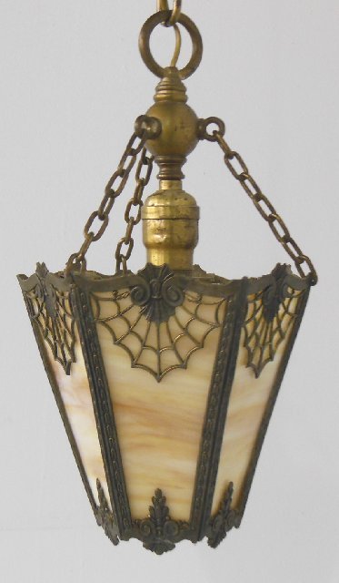 Slag glass hall fixture: With "Spider Web" design. Approx. 7.5" H x 7.75" Diam.