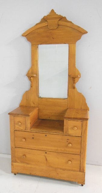 Pine Victorian step dresser & mirror: Approx. 38" W x 17" D x 7' H.