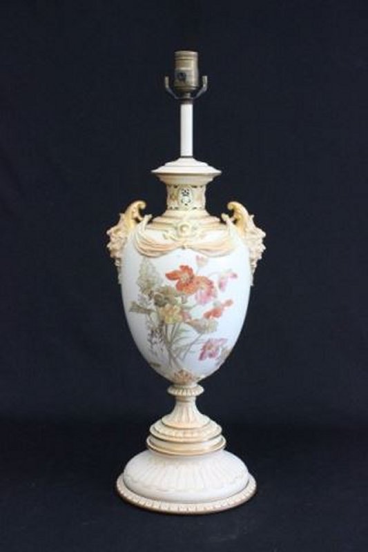 Royal Worcester vase: Mounted as lamp, with mask head handles & "Floral" decoration. Vase approx. 16" H, 19" H with base.