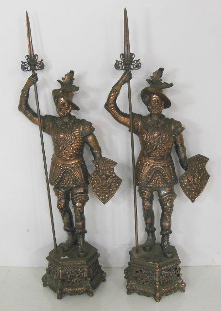 Pair Metal conquistadors mounted on bases: With spears. Approx. 57" H. (3273.1)