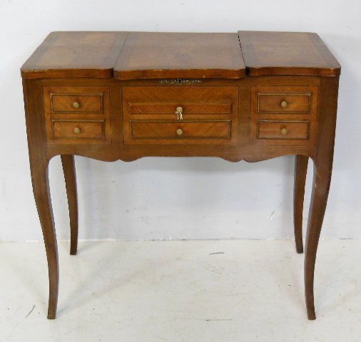 French inlaid satinwood & walnut poudre ca 1920's: With "basket of flowers" inlay. Including left & right sides. Approx. 32" x 18.75" x 30.5" H. Missing 1 hinge pin.