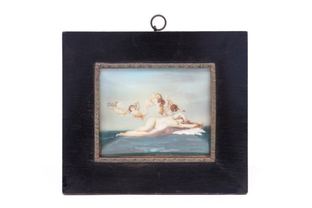 Oil painting of "Venus": "Venus Lying on Water with 5 Angels Above", handpainted, artist signed lower right. Image approx. 3" x 4", 5.5" x 6.25" with frame.