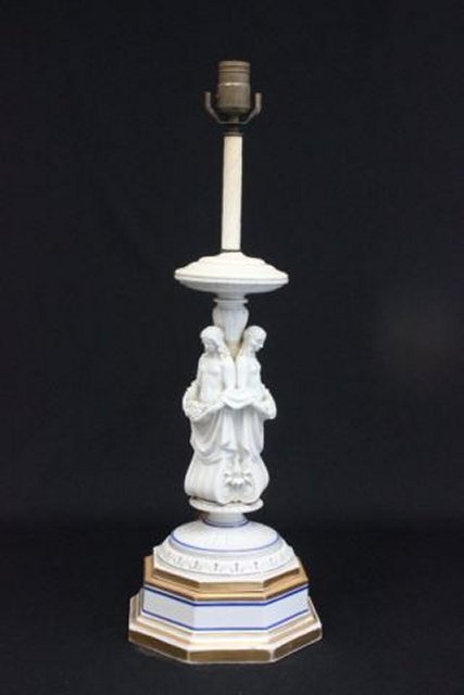 KPM porcelain figural lamp: "3 Graces" on base, as is Approx. 12.75", 15.5" with base. (3148.14)
