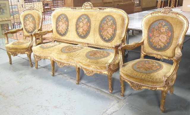 3 piece gilt salon set: Couch & 2 chairs. Couch approx. 68" W x 45.5" H, chairs 42.5" H.