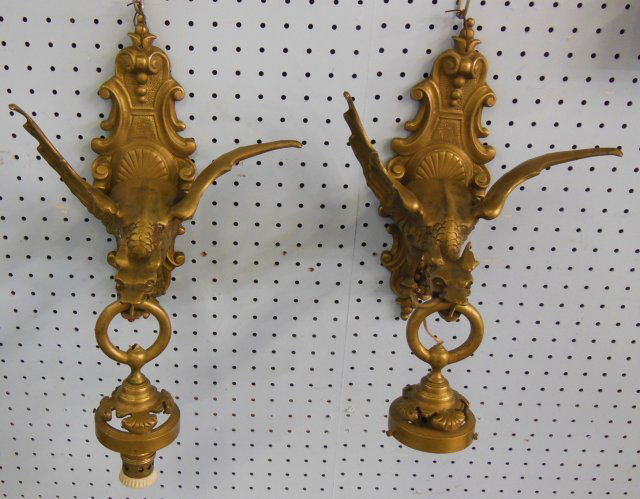 Pair Early 20th c. bronze hanging light fixtures: Depicting "dragon". Approx. 14" H.
