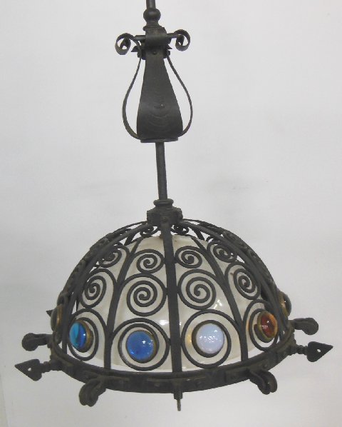 Antique wrought iron light fixture: With glass jewels. Approx. 29" H x 15" W.