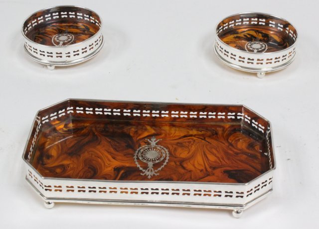 Pair silver plate & faux tort coaster & tray: Pair silver plate & faux tort coaster & tray Approx. 11 3/4" x 5 3/4", tray - 5" in diameter.