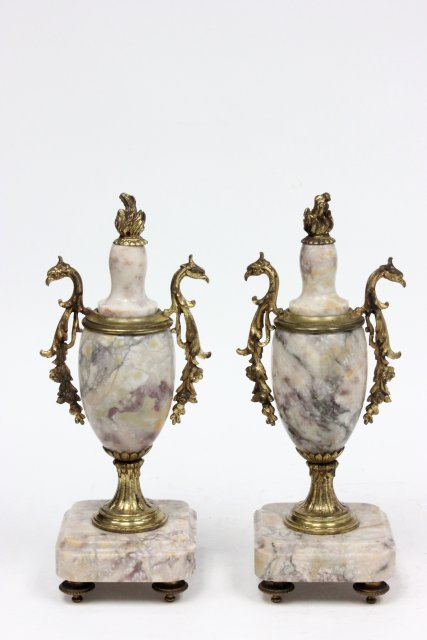 Pair French bronze & marble cassolette: Approx. 10.5" x 4".