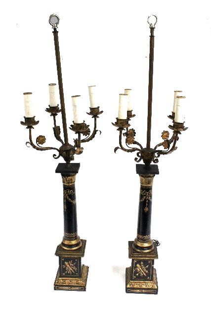 Pair Tole decorated candelabrum lamps: Approx. 41" H.
