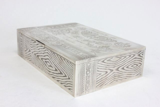 Russian silver etched cigar box: Approx. 7.5" x 5" x 2"
