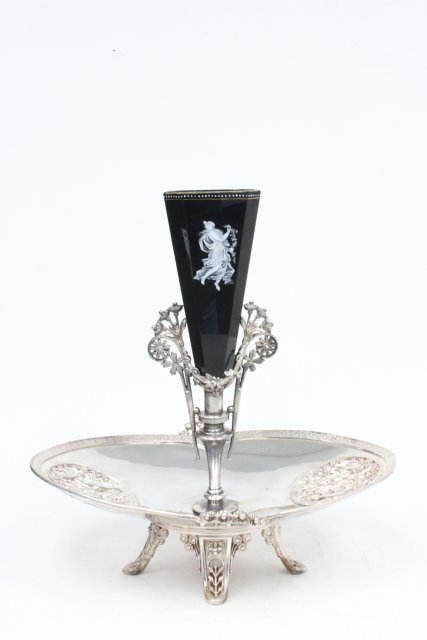Victorian quadruple silver plated epergne: Roger Smith, Meriden, Conn., plated legs are splayed with "Floral" design, on both sides of base of epergne reticulated design of "Cuppi Watering Trees", black octagonal shaped glass insert, enamel sc