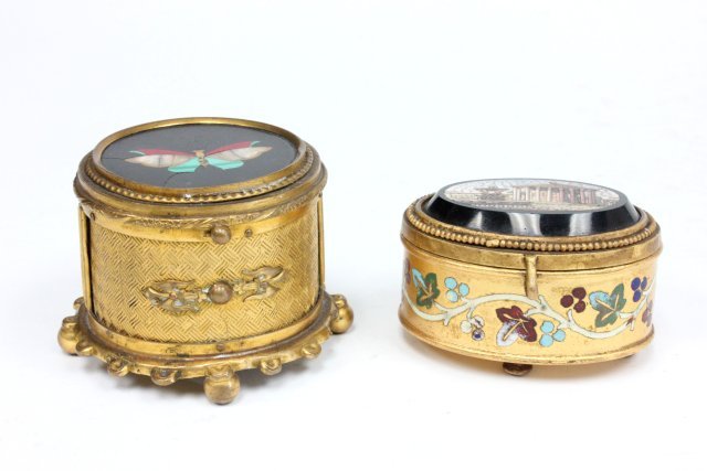 Micro-mosaic & enameled box: Along with piedra dura box, line in pietra dura box, approx. 2.25" W x 1.75" H. Micro mosaic box approx. 2.25" W x 1.5" H.