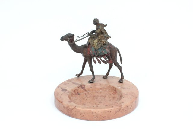 19th c. Vienese bronze figure signed Bergman: "Man Riding Camel", on ashtray. Bronze approx. 5.5" H.