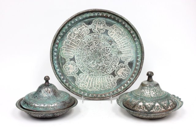 3 piece Sterling Silver over Copper Persian Set: 2 tureens & 1 tray inlaid silver over copper memorabilia attributed to Sultan Mansore Bin Mohamed (1524-1546)