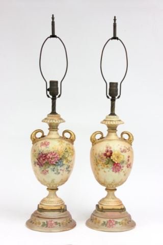 Pair Royal Worcester vases mounted as lamps: "Floral" design with "Dolphin" handles. Approx. 14" H, 17.25" H total.