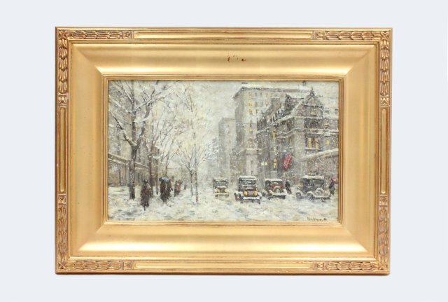 Painting depicting "Snow storm on 5th Ave.": Signed Guy Carleton Wiggins. Image approx. 12.5" x 20". Frame approx. 21" x 28.75"