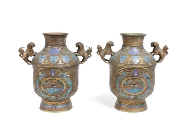 Pair champleve vases: With "Foo Dog" handles, depicting "House on Hilltop" in panel, surrounded by "Dragons". Approx. 14" x 14". (3224)