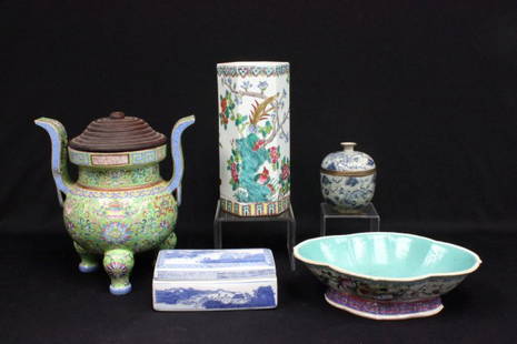 5 pieces of Chinese porcelain: Various sizes. Collection from Estate of Chalmers Benedict Wood, Foreign Service Officer & Ambassador to New Zealand arm glued on censer