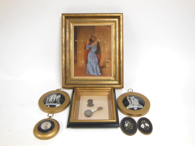 Group lot of small pictures: Including: 2 - oval Pietradura floral plaques. Assorted sizes.