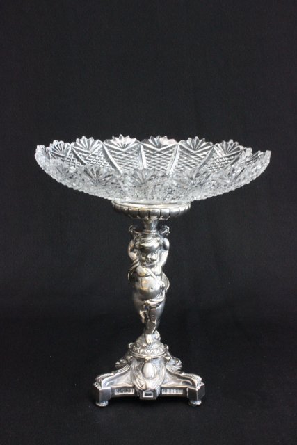 Mappin Bros. Silver plate taza: With cut glass top. Approx. 10" H x 9" W. Cracked & chipped. Glass not original to taza.