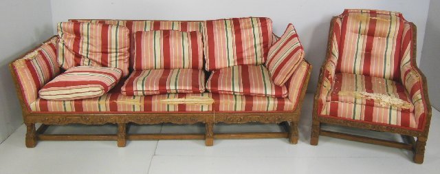 2 piece art deco living room set: Oak carved frame, upholstery as is.