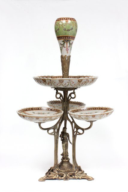 2 tier Aprim bronze & porcelain centerpiece: Approx. 29" H x 17" W.