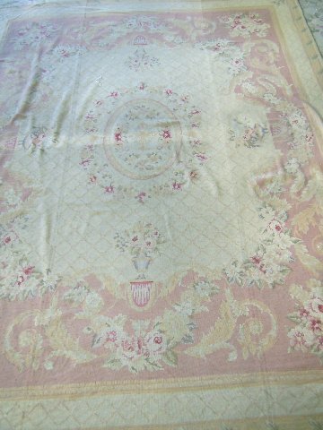 Aubusson rug: Worn. Approx. 105" x 90".