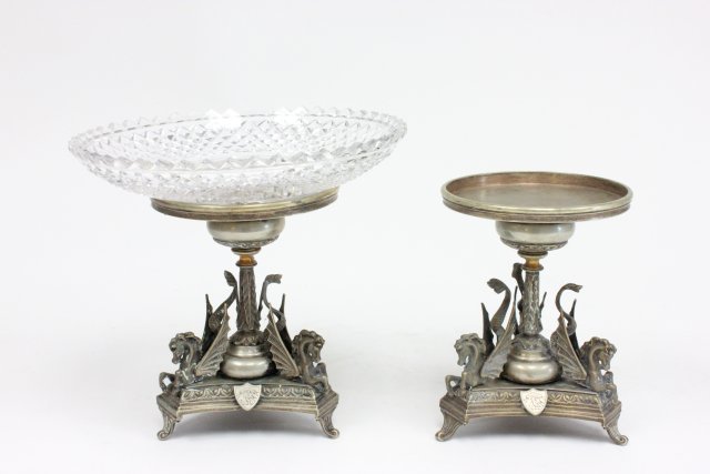 Pair silver plated Judaica compotes: With figural seahorse bases. One crystal insert missing. Approx. 9.25" diam x 8.75" H. Collection from Estate of Chalmers Benedict Wood, Foreign Service Officer & Ambassador to New Zealand