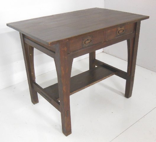 Gustov Stickley mission oak desk #613: Marked in drawer, mortis & ten, original finish. Approx. 24" x 36" x 30".
