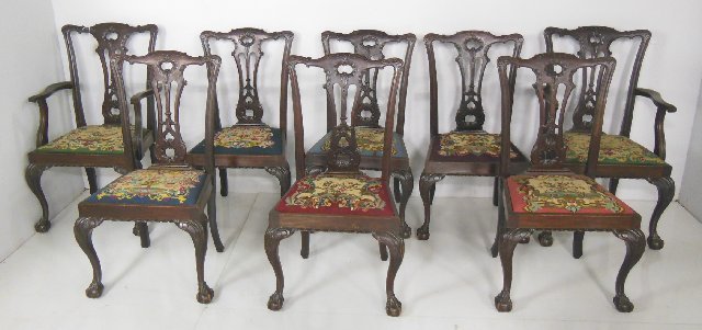 Set of 8 needlepoint dining room chairs: Mahogany ball and claw. George III style.