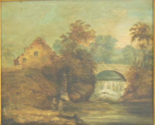 Oil on board with Victorian frame: Depicting " Landscape with bridge." Unsigned. Approx. 16" x 18".