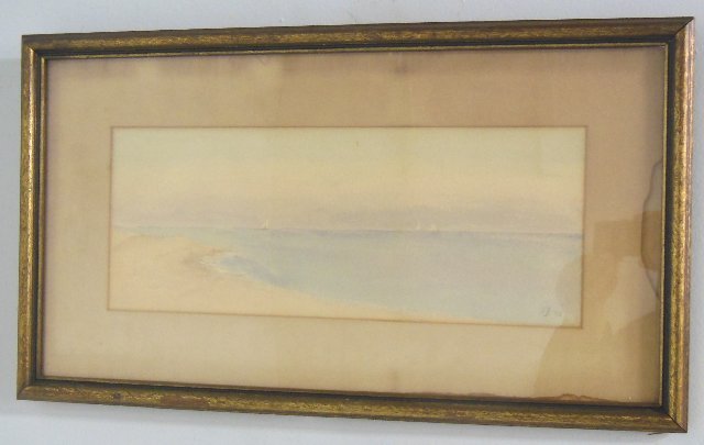 Attrributed to Albert Bierstadt watercolor: "Coastal Scene with Sailboats", monogramed AB dated '95. Framed approx. 14" x 24".