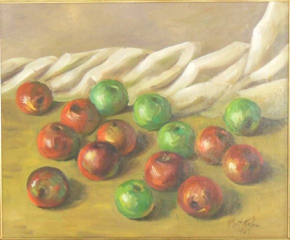 Still life depicting "apples": Signed Walt Kuhn American. 1877-1949. Image approx. 20 x 24. Frame approx. 31.75 W x 36.5