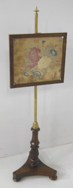 19th c. needlepoint floral firescreen: Bronze & rosewood base.