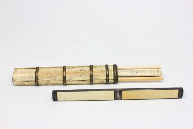 2 Chinese bone pieces: Including: 1- 19th c. Chinese bone & brass chopstick set with knife, losses & age cracks, approx. 9" L. 1- Bone & silver portable knife & fork signed "Keller", rust on blades, approx. 7 1/8" L.