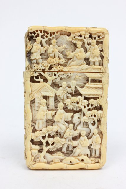 19th c. Chinese deeply carved bone card case: Damage/restoration to top, monogramed. Approx. 3 5/8" H.