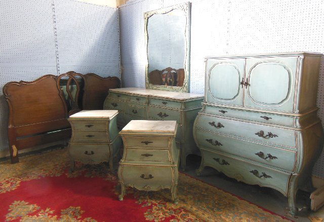 Mid-century Bombe Country French bedroom set: Marble top. Painted green. Including 5 pieces: 1 - triple dresser. 1 - chest on chest. 1 - bed. 1 - pair of night stands. 1 - matching mirror. 1 - headboard.