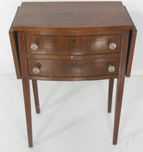 19th c. drop leaf mahogany table: With glass handles. Approx. 22" x 14" x 29" H. Collection from Estate of Chalmers Benedict Wood, Foreign Service Officer & Ambassador to New Zealand.