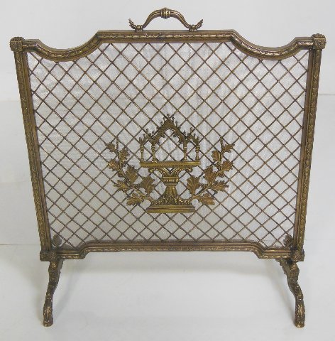 Maitland & Smith bronze firescreen: Legs repaired, rip in bottom screen. Approx. 30" H x 27.5" across. (3308)