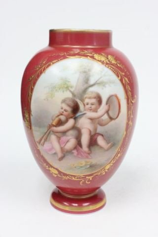 Signed opaline glass vase: Depicting "Cupids", signed Ahne. Approx. 8" H.