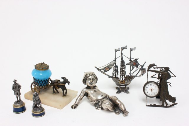 Group lot of cabinet pieces: Silvered bronze "Boy", filigreed silver "Ship", opaline glass inkwell as is, figural "Witch" as is, 2 figural pieces.