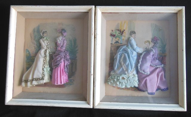 Pair La Mode Illustre fashion prints: In shadow box frames. Approx. 15" x 12".