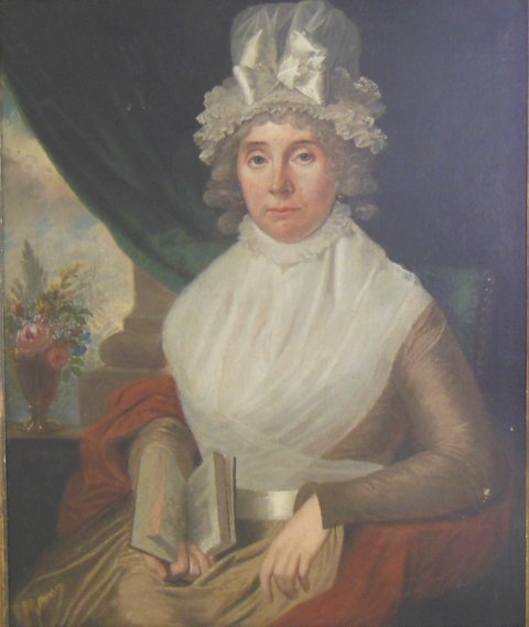 James Millar- 1796 oil painting: "Portrait of a Woman", signed J. Millar left, some touch up upper left, slight paint loss lower right, relined. Image approx. 34.25" x 28.25", 38" x 32" with frame.