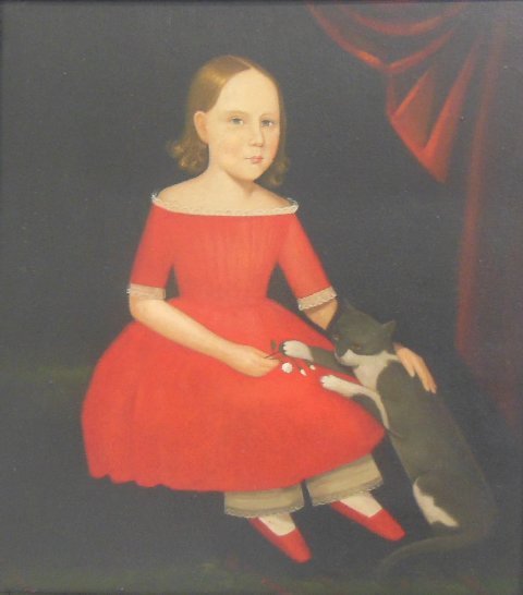 Oil on Board "Girl in red dress with a cat": America folk art oil on board depicting " Girl in red dress with a cat" Approx. 16 1/2" x 14 1/2", 20" x 18" - framed