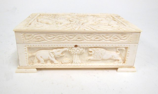Far Eastern Carved Bone Box: Far Eastern carved bone box with lions and elephant Approx. 5" x 3 1/2" x 1 3/4"