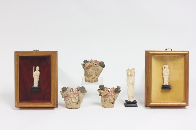 19th c. Chinese carved ivory & bone figures: Including: 2- Mounted in shadow box, approx. 6 1/8" x 8 1/4". 1- Mounted on wood base, approx 5.75" H. 3- "Creatures" with seals, Mythological Kylin polychrome decorated, small chips & wear, each appr