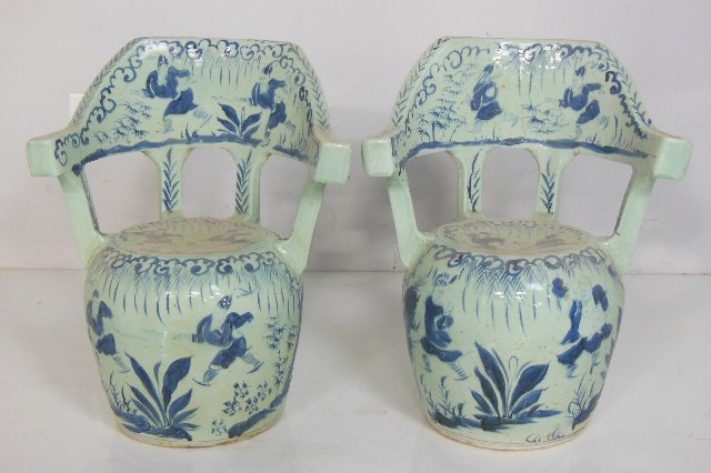 Pair Chinese blue & white porcelain chairs: Approx. 26" H x 20.5" W x 14.5" D.