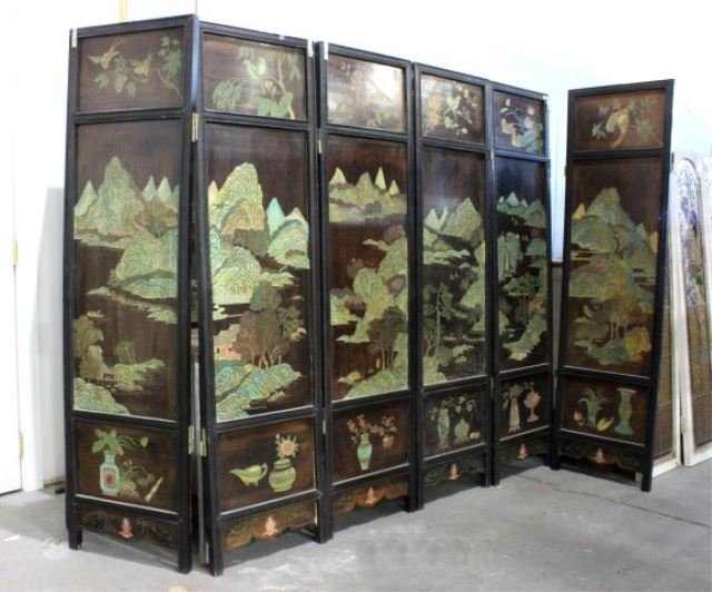 Chinese coromandel 6 panel wood screen: Chinese coromandel 6 panel wood screen Hand painted. Each panel approx. 72" H x 19" W.