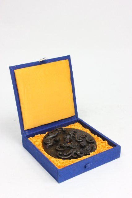 Large black & brown bi-ring carved "Dragons": In original case. Approx. 5" D.